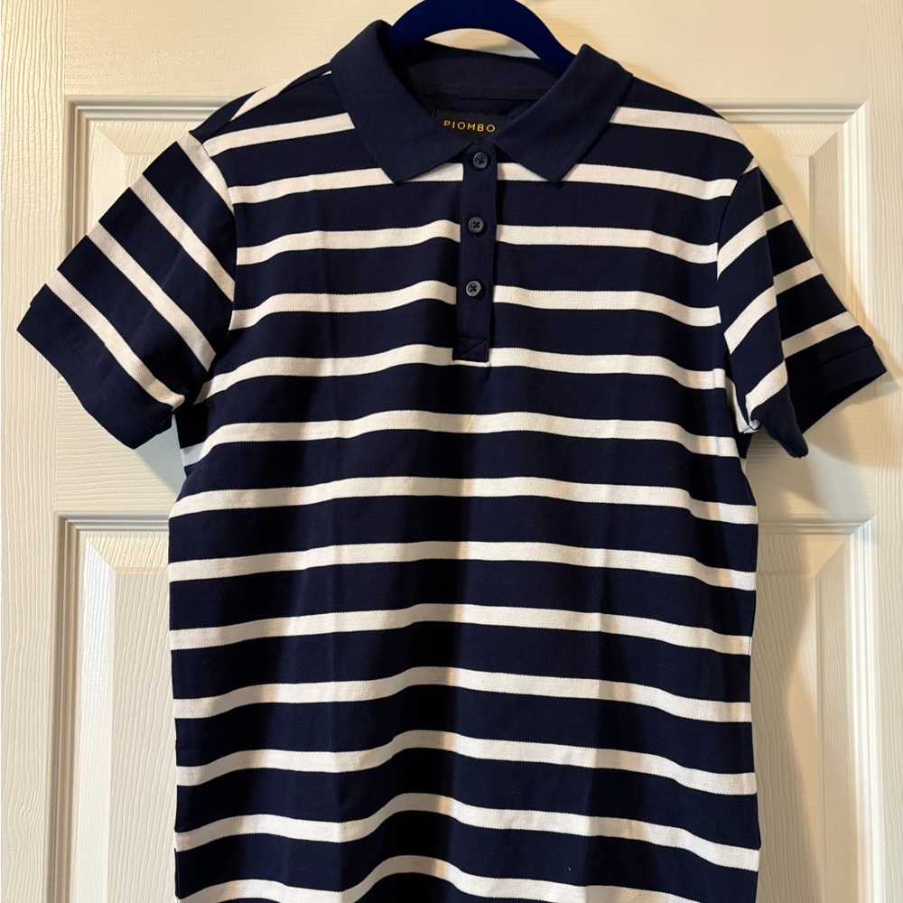 Piombo Woman’s 100% Cotton Polo Shirt Navy & White Stripes Size L Wears Like a M